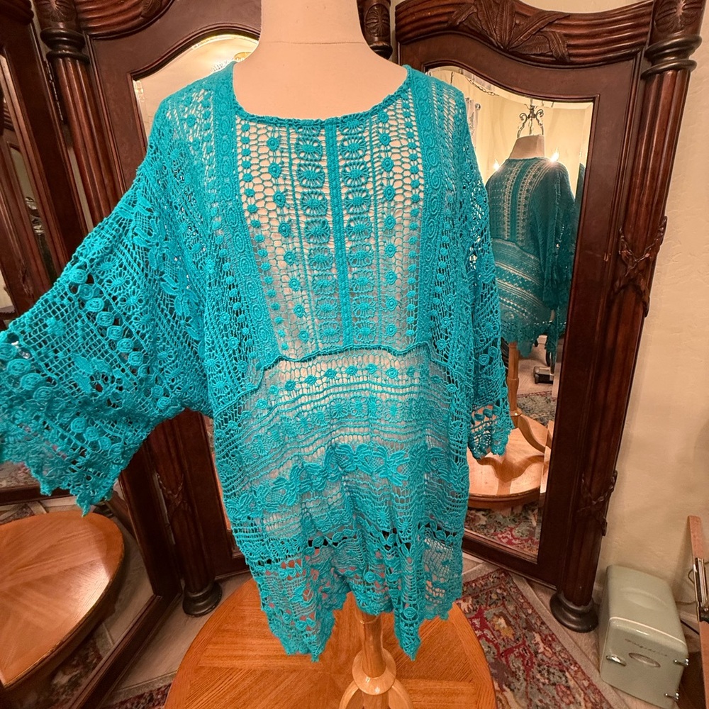 Catherines Turquoise Crocheted Lace Top